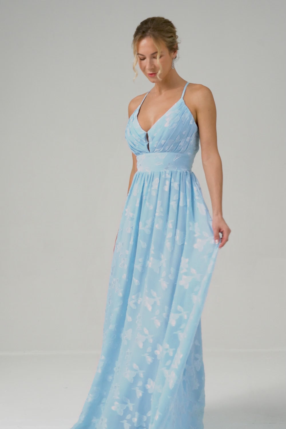 Sparkly Light Blue V-Neck Pleated Bridesmaid Dress with Embroidery