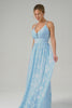 Sparkly Light Blue V-Neck Pleated Bridesmaid Dress with Embroidery