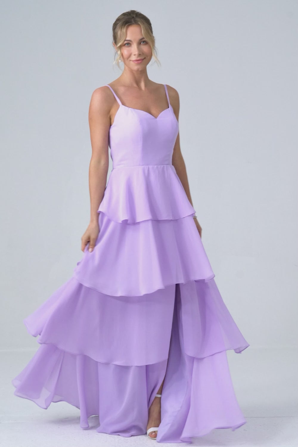 A Line Spaghetti Straps Tiered Chiffon Lilac Bridesmaid Dress with Slit