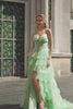 Green A Line Ruffled Strapless Long Corset Prom Dress with Bow