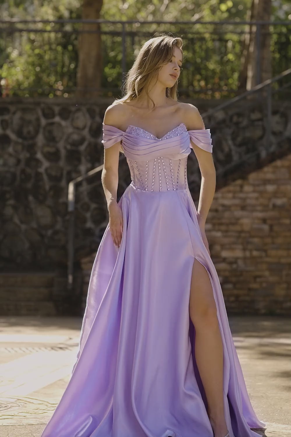 Sparkly Plus Size Purple Satin A Line Long Corset Prom Dress with Slit