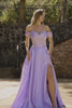 Sparkly Plus Size Purple Satin A Line Long Corset Prom Dress with Slit