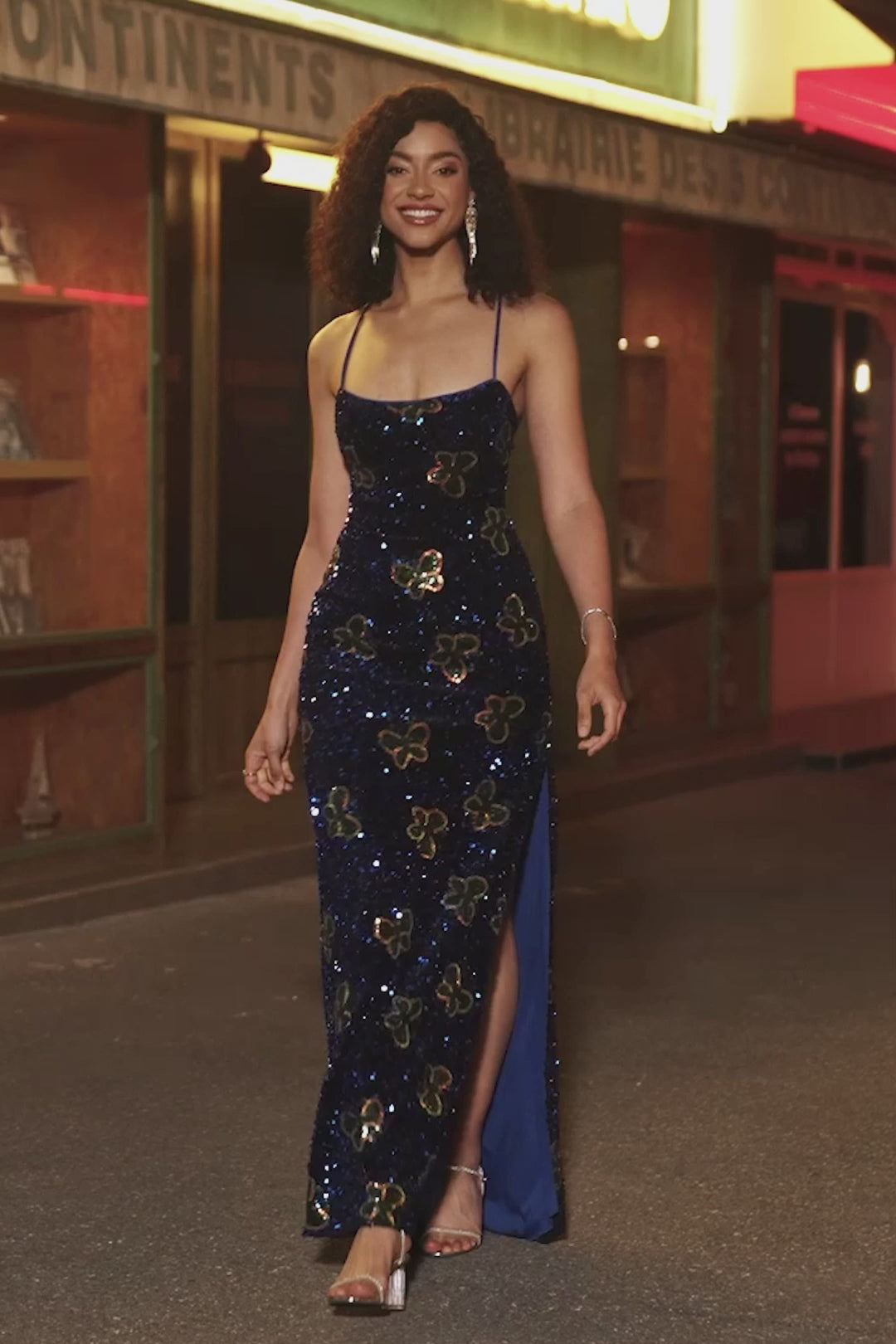Mermaid Royal Blue Spaghetti Straps Sequins Prom Dress With Slit