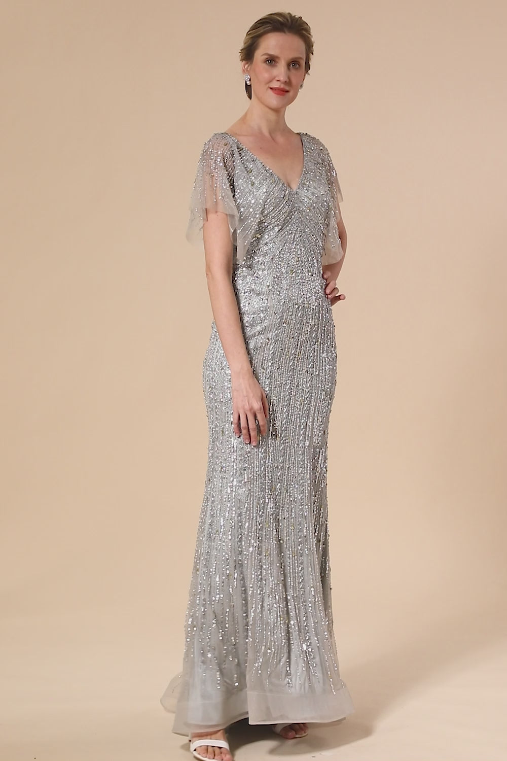 Sparkly Grey Beaded Mermaid Long Evening Dress