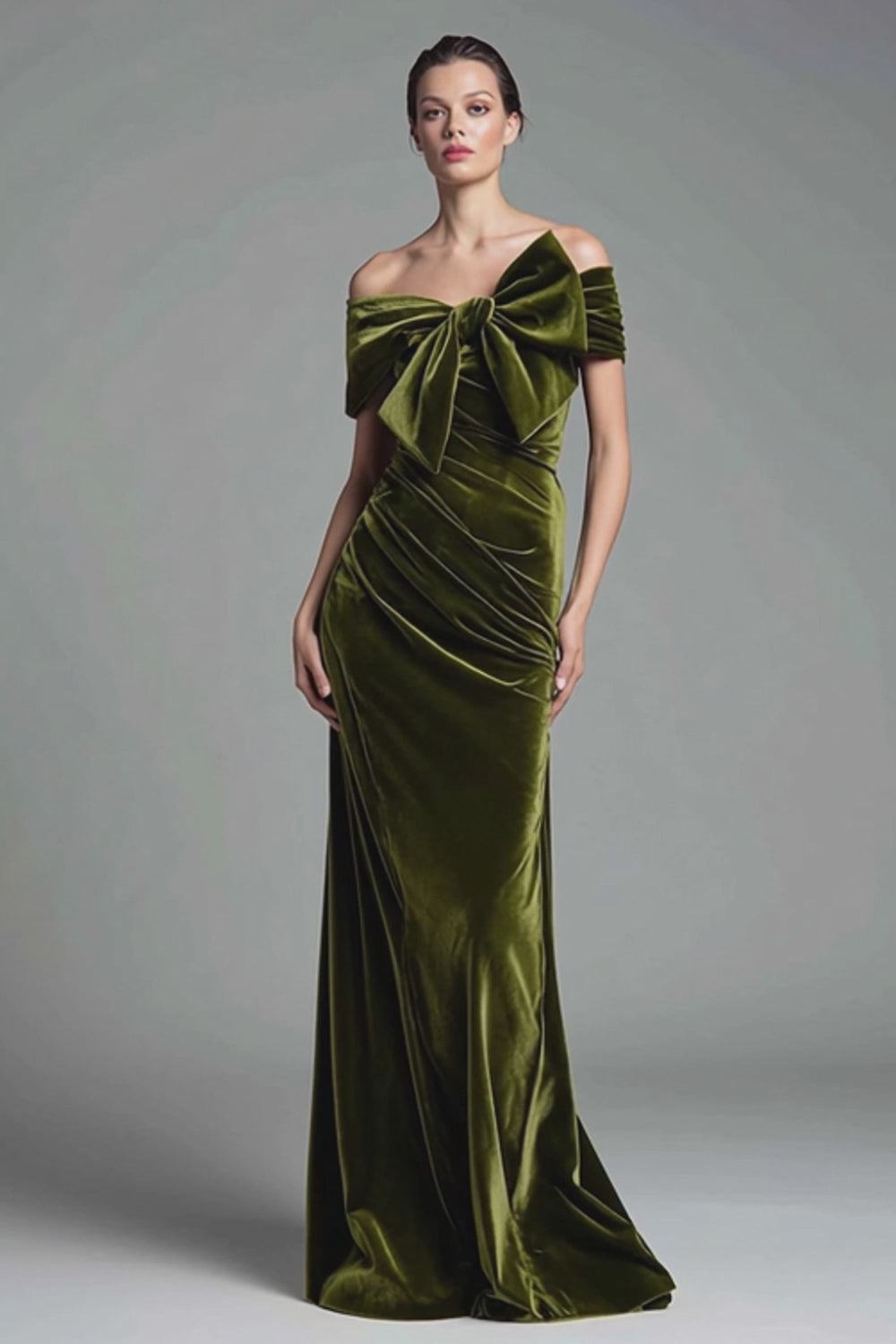 Olive Velvet Ruched Sheath Long Holiday Party Dress with Bow