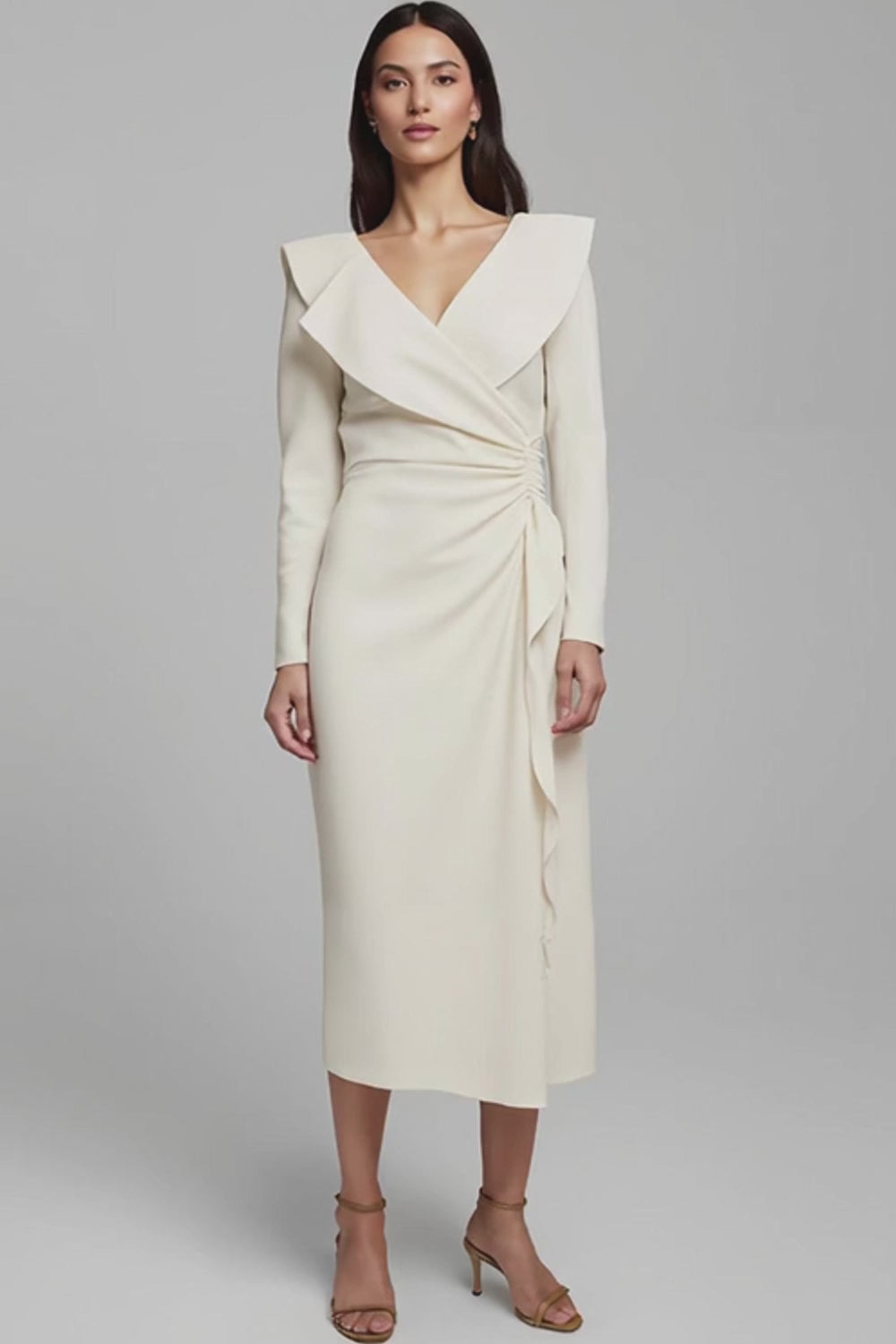 Ivory Satin V-Neck Pencil Long Sleeves Work Dress with Ruffles