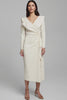 Ivory Satin V-Neck Pencil Long Sleeves Work Dress with Ruffles