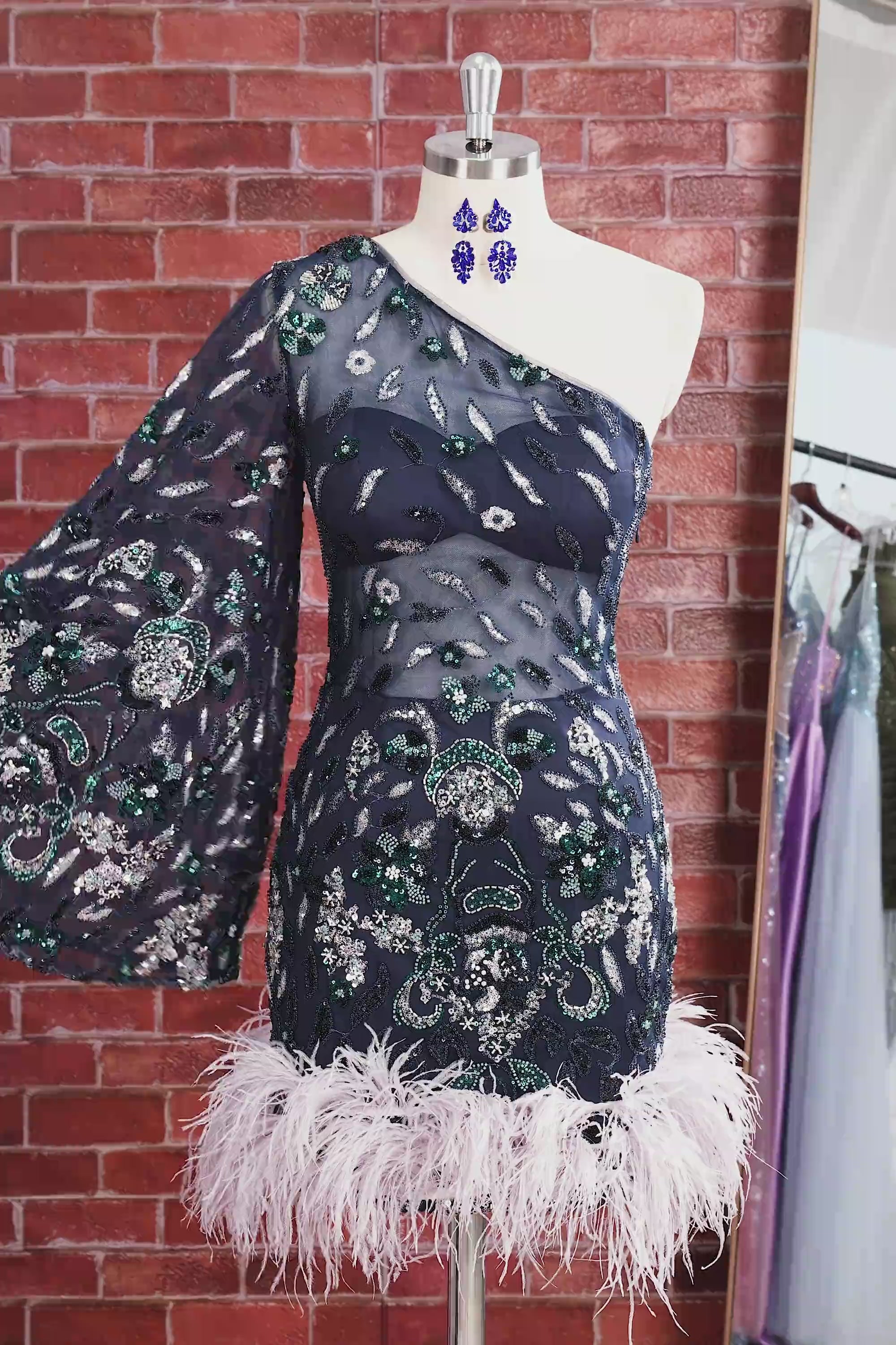 Floral Navy Tight Sparkly Beaded Feathered Homecoming Dress with Sleeves