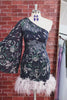 Floral Navy Tight Sparkly Beaded Feathered Homecoming Dress with Sleeves