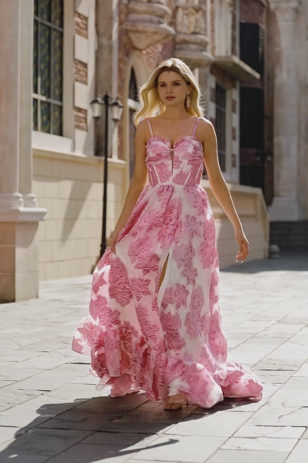 Sparkly Pink Strapless Floral Long Corset Prom Dress with Slit