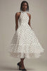 Tulle White and Black High Neck Tiered Maxi Polka Dot Dress with Ruffles