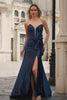 Navy Mermaid Satin Strapless Long Corset Prom Dress with Slit