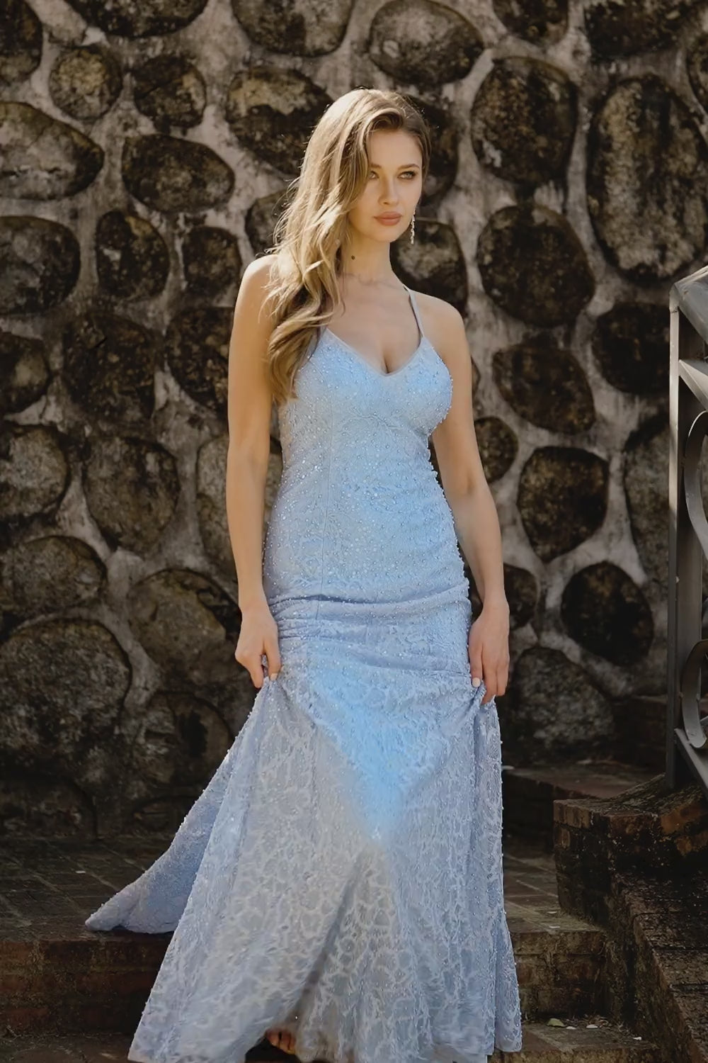 Sparkly Sky Blue Lace Mermaid Beaded Long Prom Dress