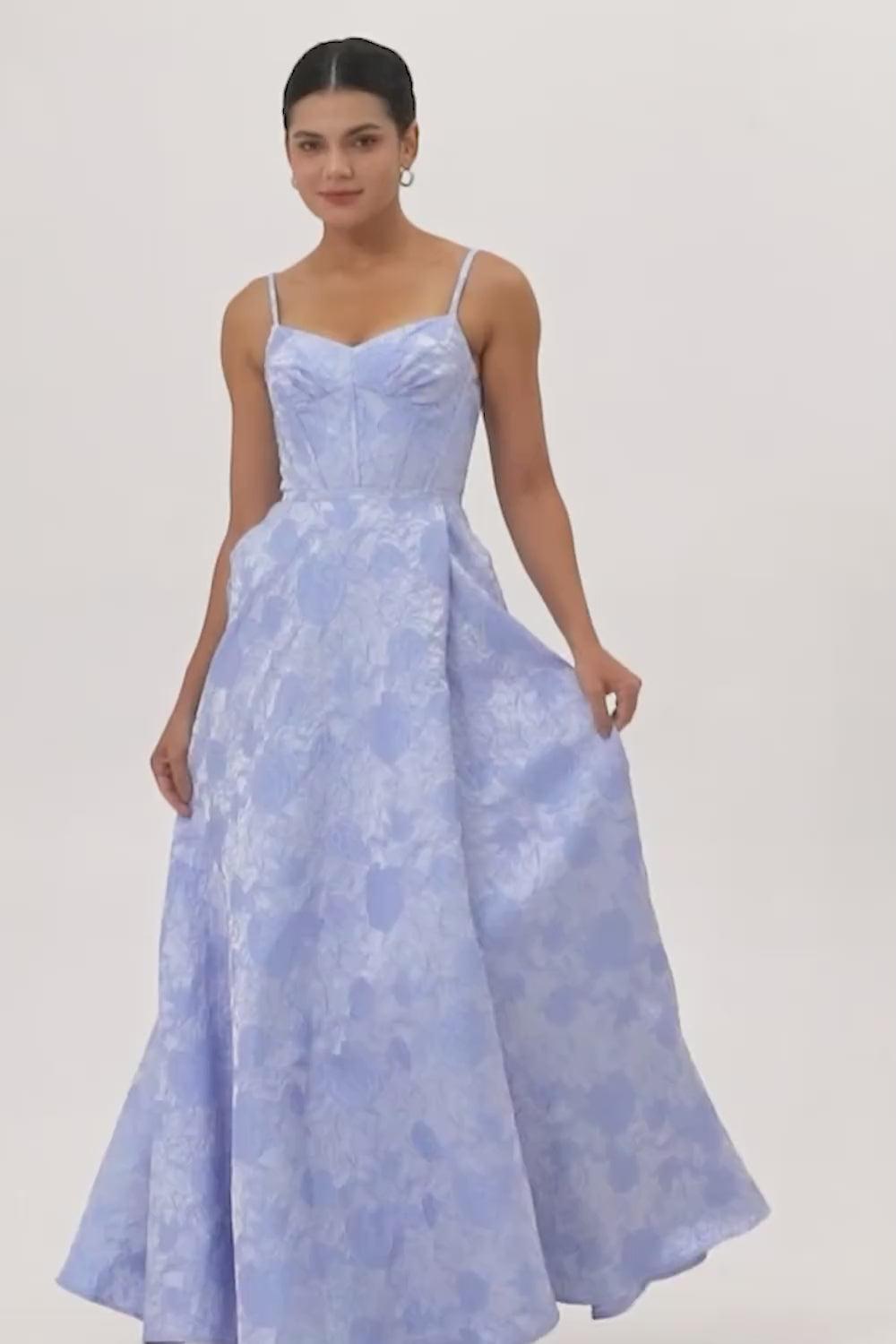 Blue Floral Corset A Line Jacquard Long Wedding Guest Dress with Slit