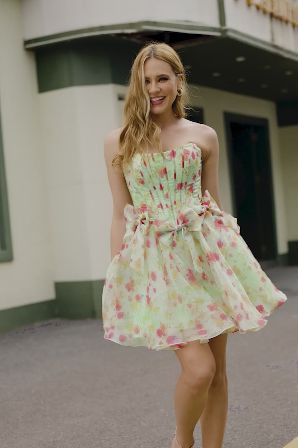 Green Floral Strapless Short Corset Homecoming Dress with Bows
