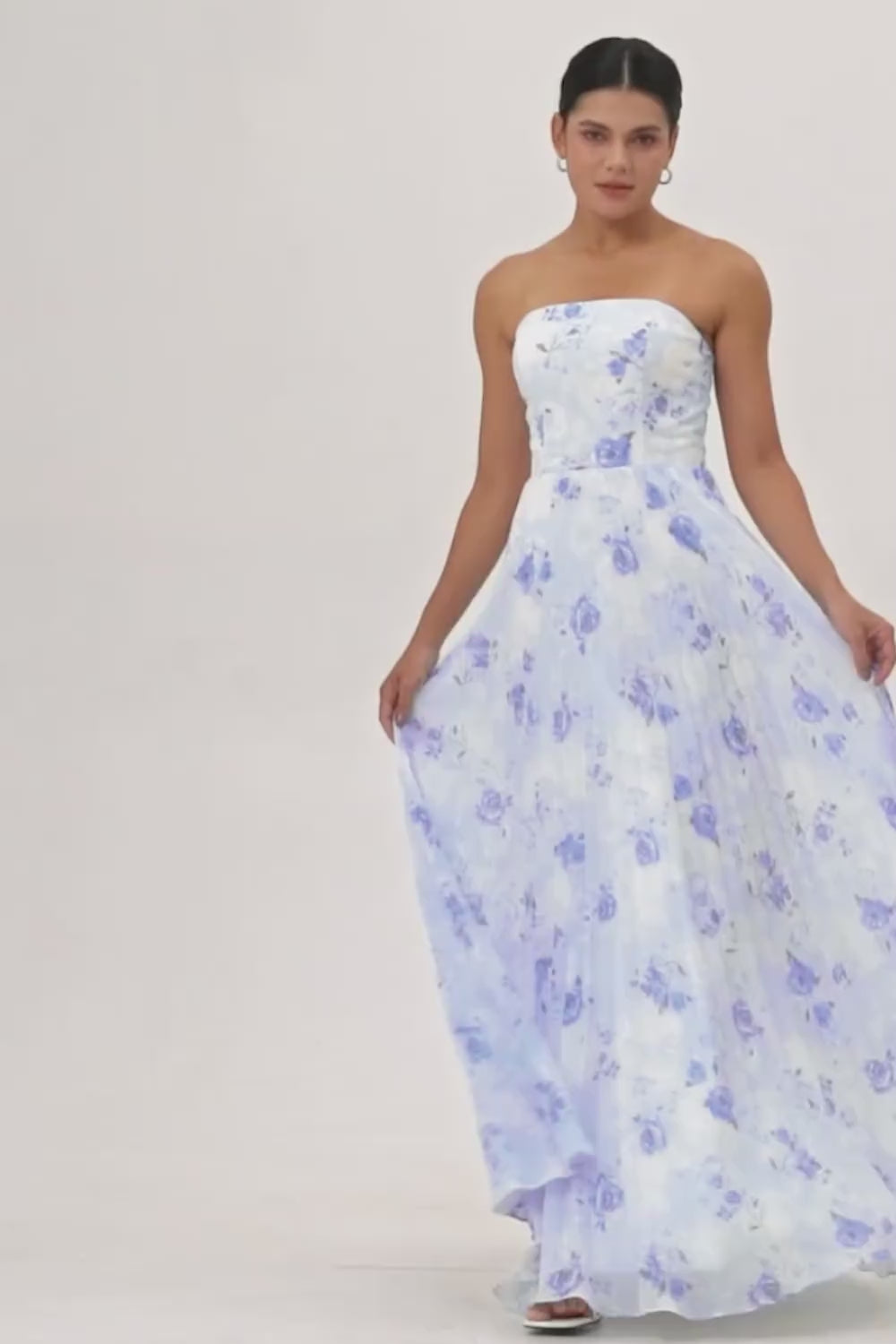 Blue Strapless Floral Chiffon Long Wedding Guest Dress with Pleats
