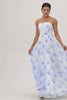 Blue Strapless Floral Chiffon Long Wedding Guest Dress with Pleats