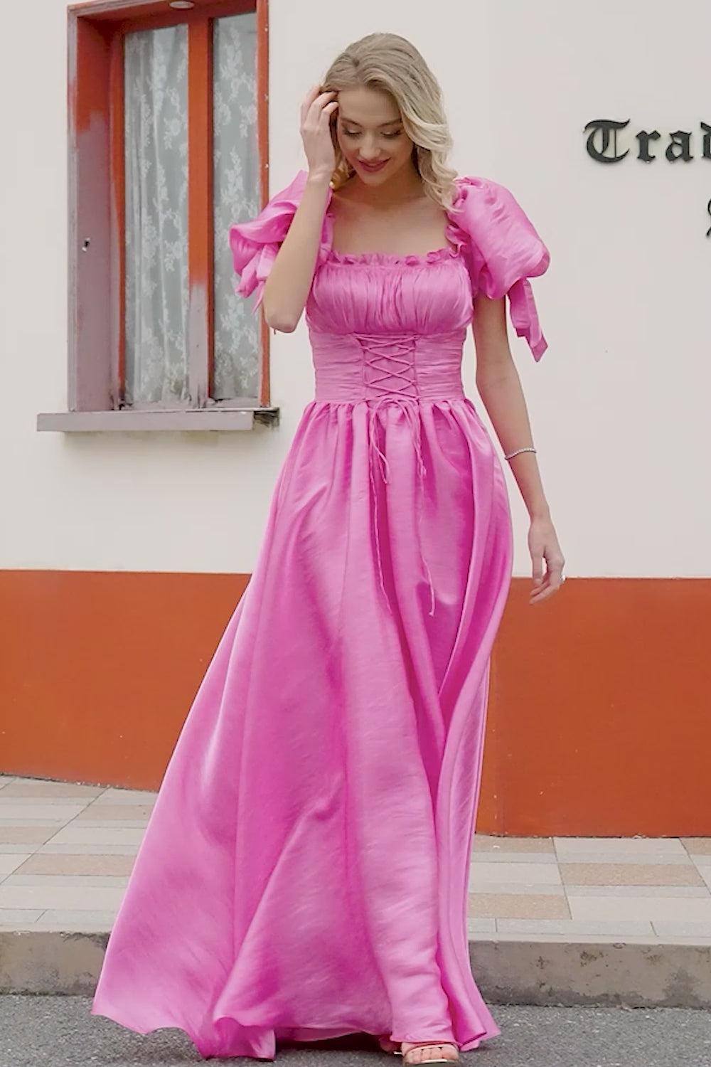 Puff Sleeves Hot Pink Prom Dress with Ruffles