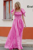 Puff Sleeves Hot Pink Prom Dress with Ruffles