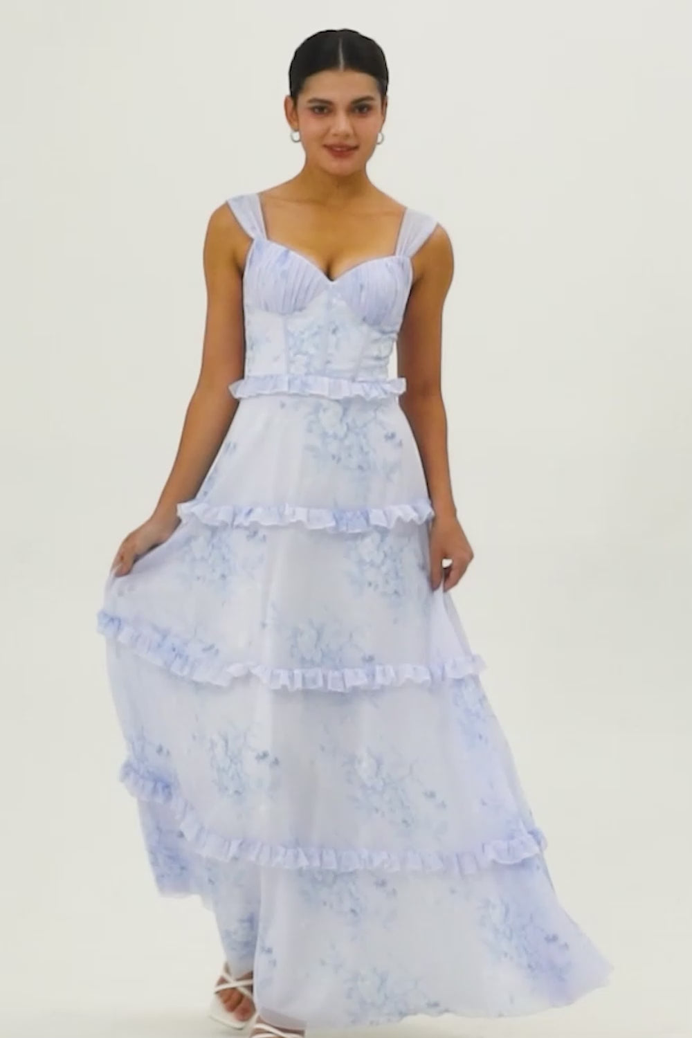 Blue Corset Floral Chiffon Long Wedding Guest Dress with Ruffles