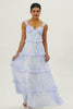 Blue Corset Floral Chiffon Long Wedding Guest Dress with Ruffles
