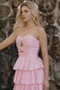 Sparkly Pink Ruffled Strapless Long Prom Dress with Keyhole