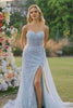Sparkly Floral Blue Mermaid Sequin Long Corset Prom Dress with Slit