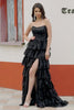 Stylish A Line Strapless Black Sequins Long Prom Dress with Ruffles