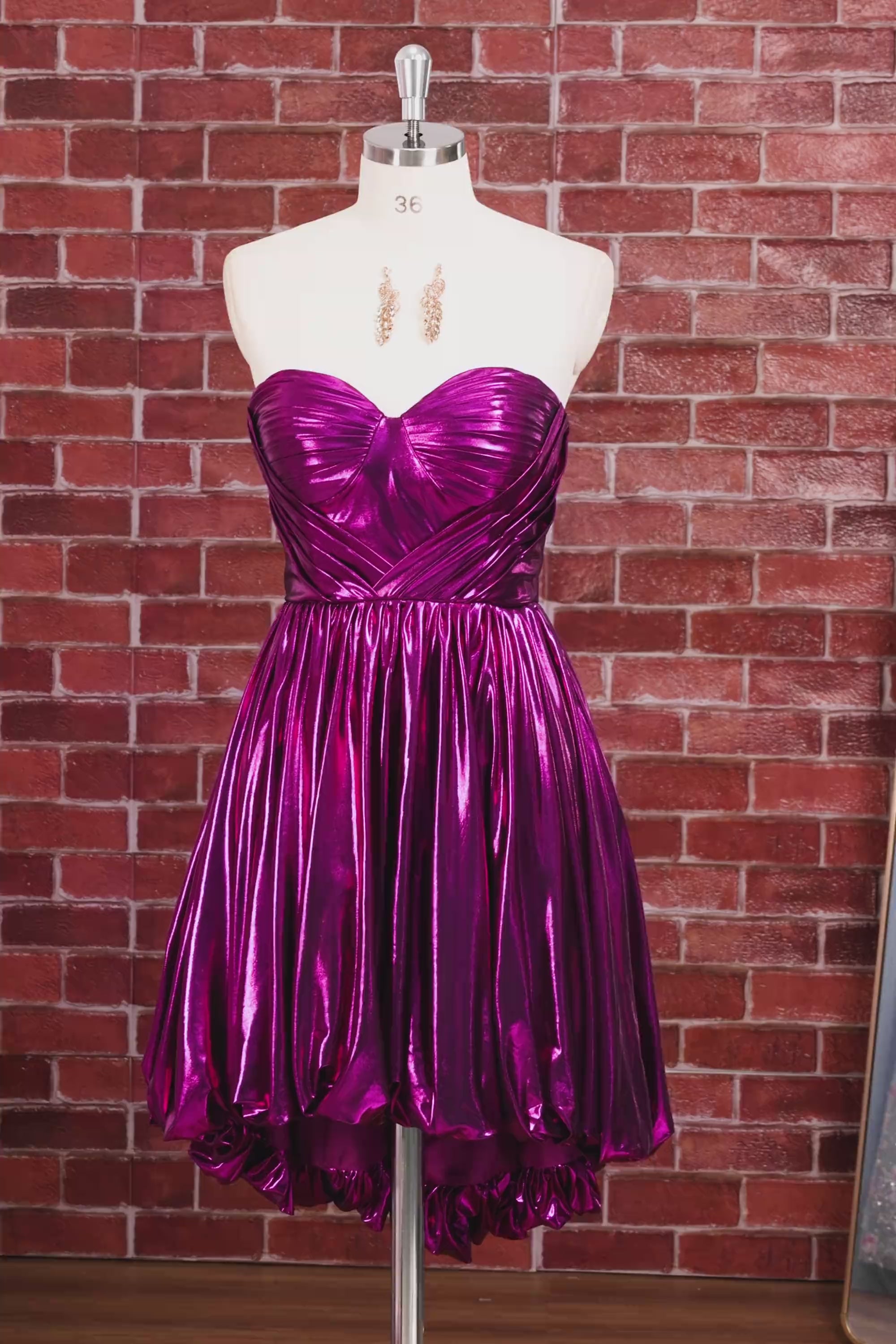 Fuchsia Ruched Metallic High-Low 80s Homecoming Dress with Pockets