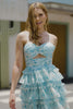 Blue Floral A-Line Keyhole Tiered Short Homecoming Dress with Ruffles