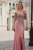 Sparkly Blush Strapless Satin Mermaid Long Corset Prom Dress with Slit