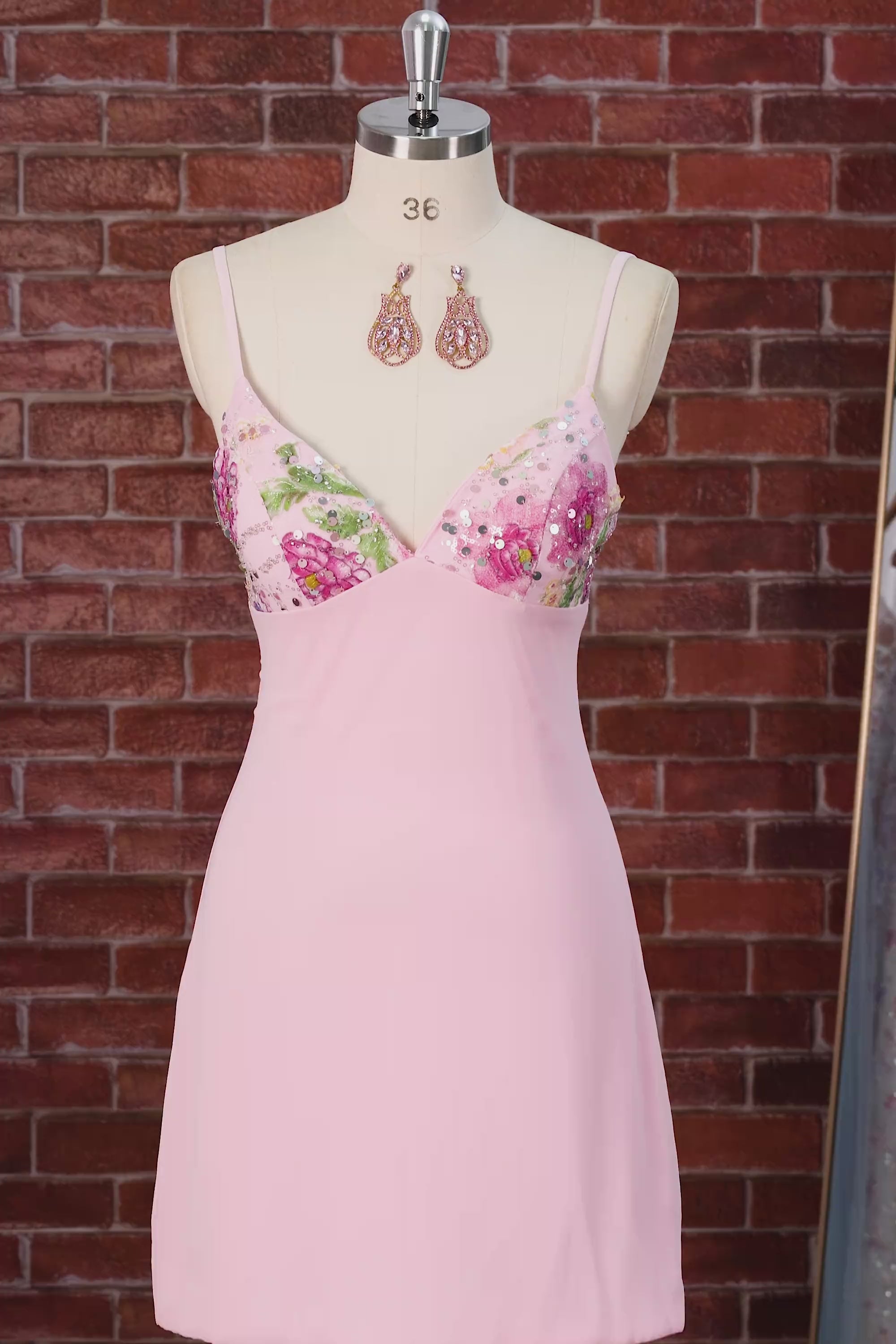 Pink Floral Spaghetti Straps Sequin Short Homecoming Dress
