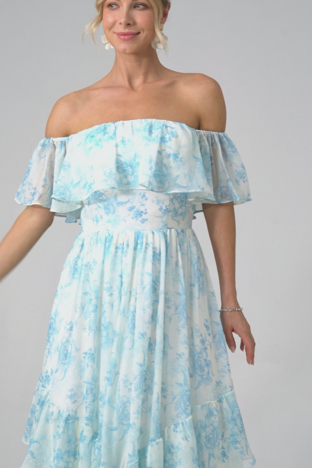 White Blue Flower Off The Shoulder Long Boho Bridesmaid Dress with Ruffles