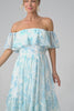 White Blue Flower Off The Shoulder Long Boho Bridesmaid Dress with Ruffles