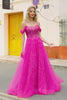 A-Line Cold Shoudler Sparkly Hot Pink Corset Prom Dress with Beading