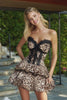 Khaki Leopard Printed Corset Ruffled Short Homecoming Dress with Lace