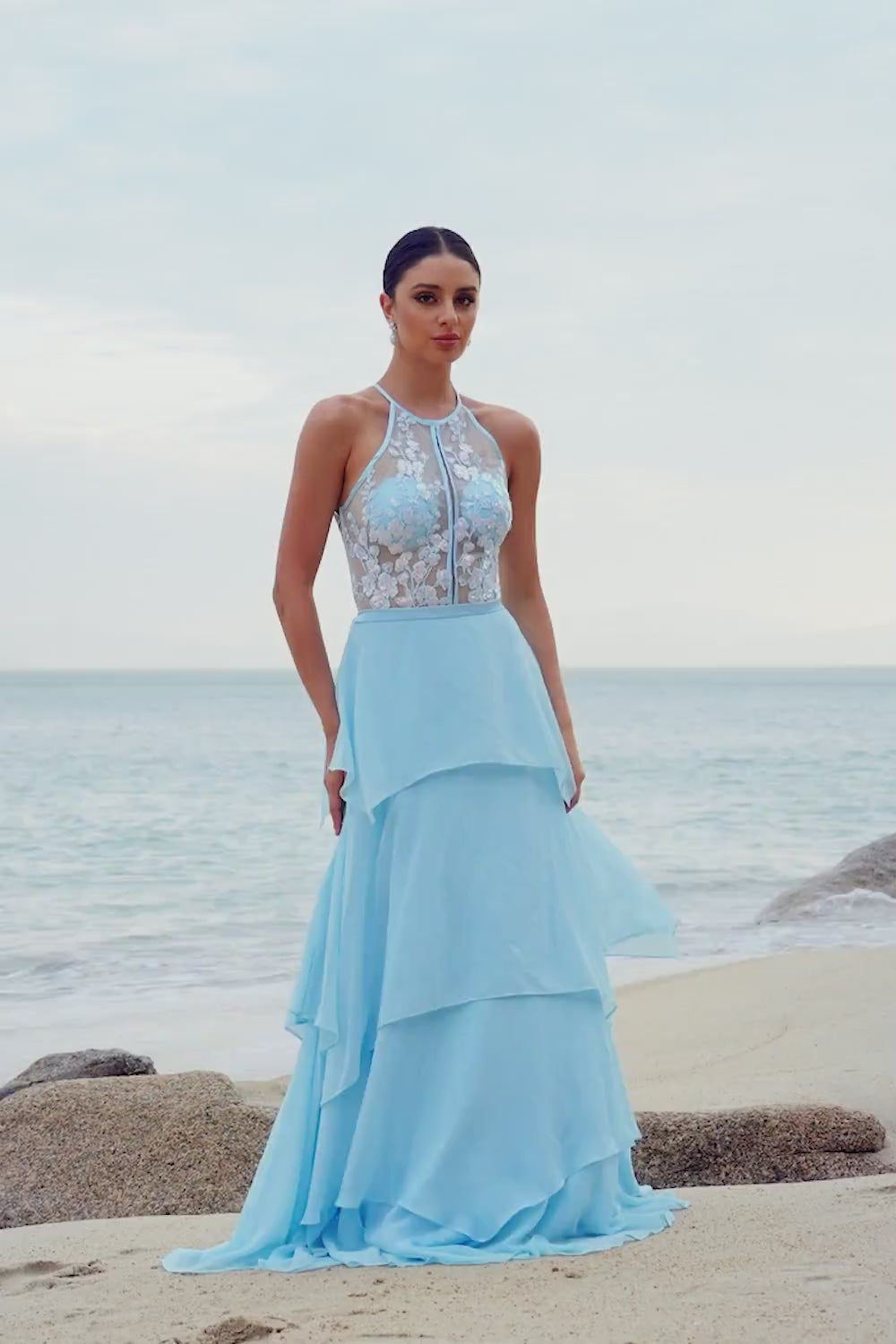 Sparkly Blue Halter Floral Long Bridesmaid Dress with Lace Up Back