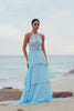 Sparkly Blue Halter Floral Long Bridesmaid Dress with Lace Up Back
