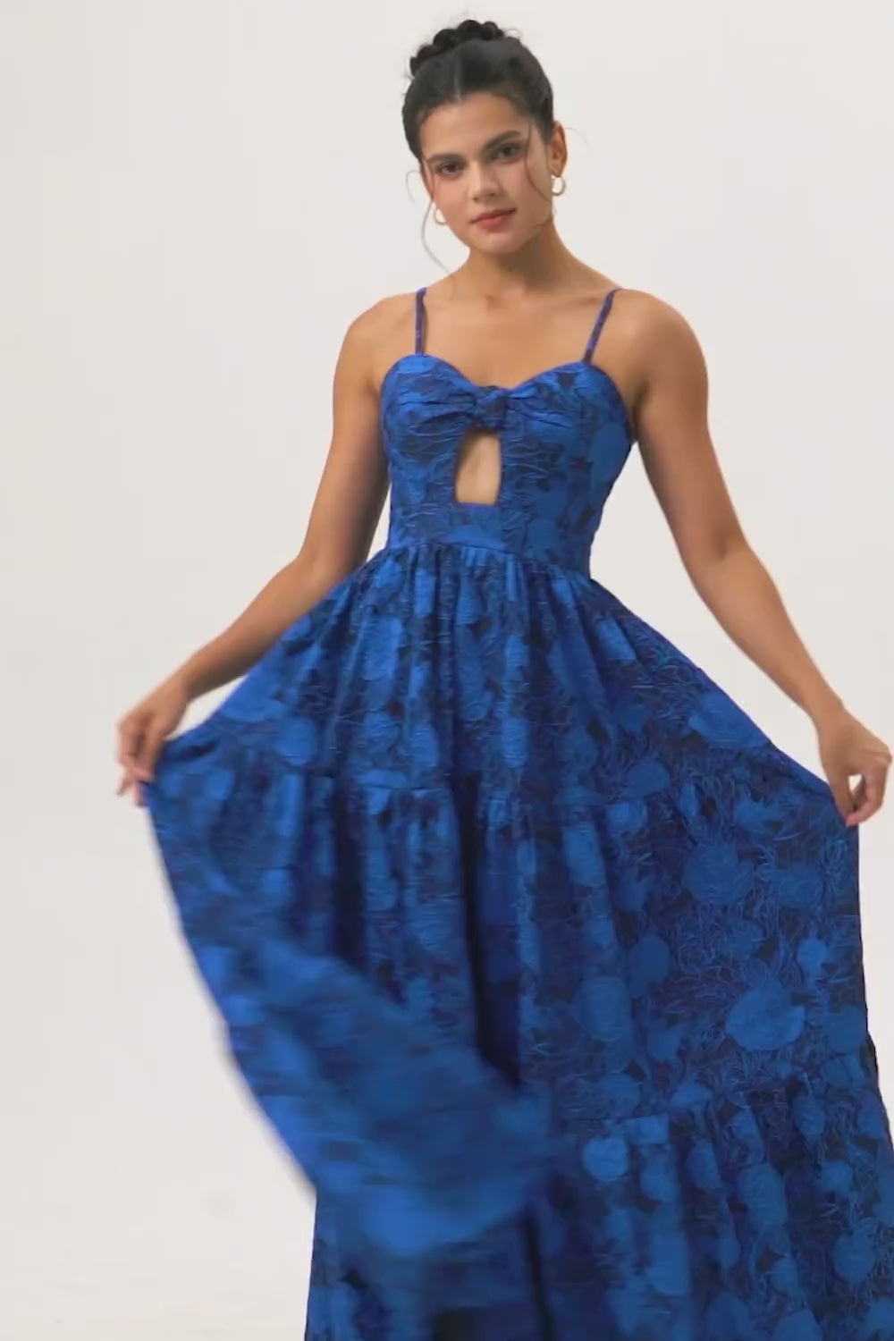 Blue Floral Jacquard Long Ruched Wedding Guest Dress with Keyhole