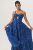 Blue Floral Jacquard Long Ruched Wedding Guest Dress with Keyhole