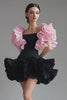 Square Neck Black Pink Ruched Short Black Tie Dress