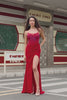 Sparkly Red Mermaid Strapless Satin Long Prom Dress with Slit