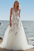 A Line Floral Tulle White Sweep Train Wedding Dress