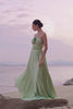 Light Green A-Line Halter Hollow Out Satin Bridesmaid Dress with Flower