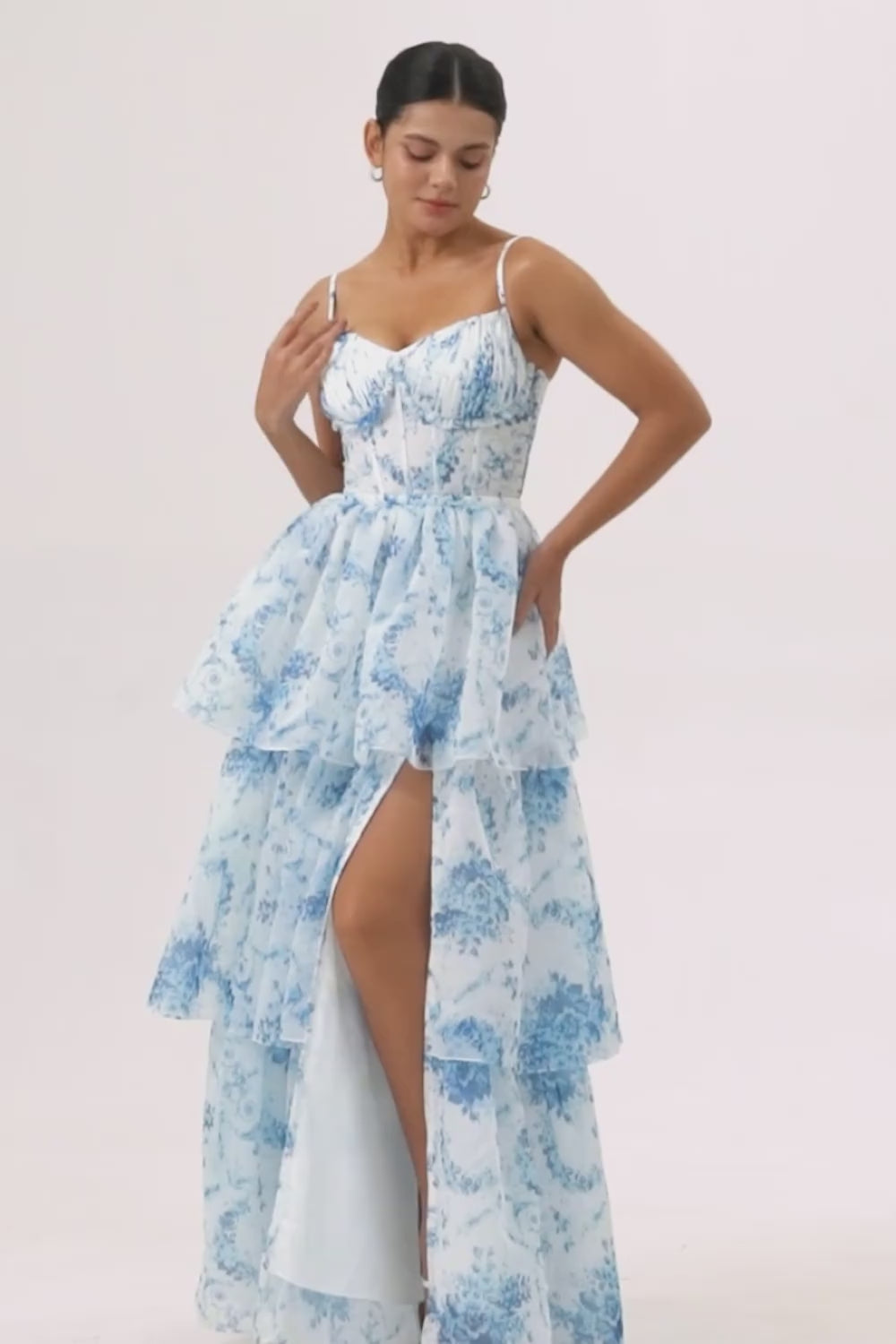 White and Blue Ruffled Corset Long Floral Wedding Guest Dress with Slit