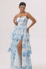 White and Blue Ruffled Corset Long Floral Wedding Guest Dress with Slit
