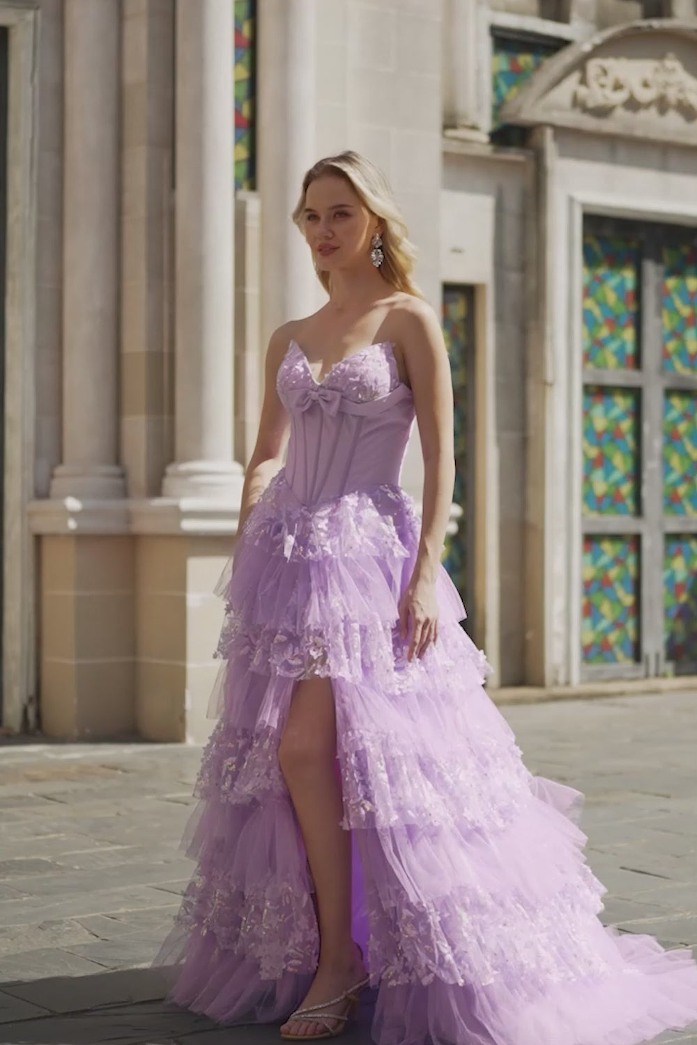 Sparkly Purple A Line Strapless Long Corset Prom Dress with Butterflies