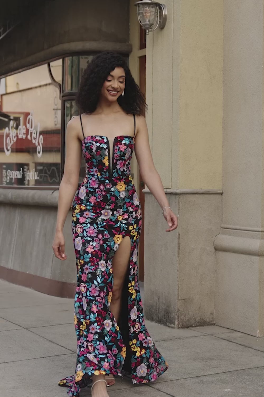 Black Flower Embroidered Mermaid Prom Dress With Side Slit