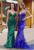Sparkly Dark Green Floral Mermaid Spaghetti Straps Long Prom Dress