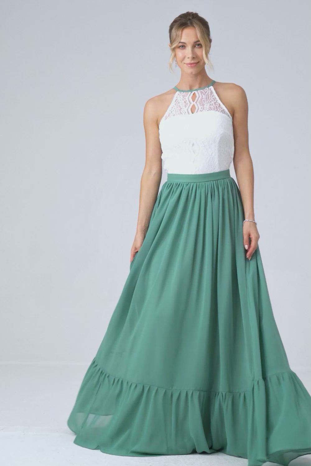 Eucalyptus Keyhole Boho Chiffon Long Bridesmaid Dress with Lace